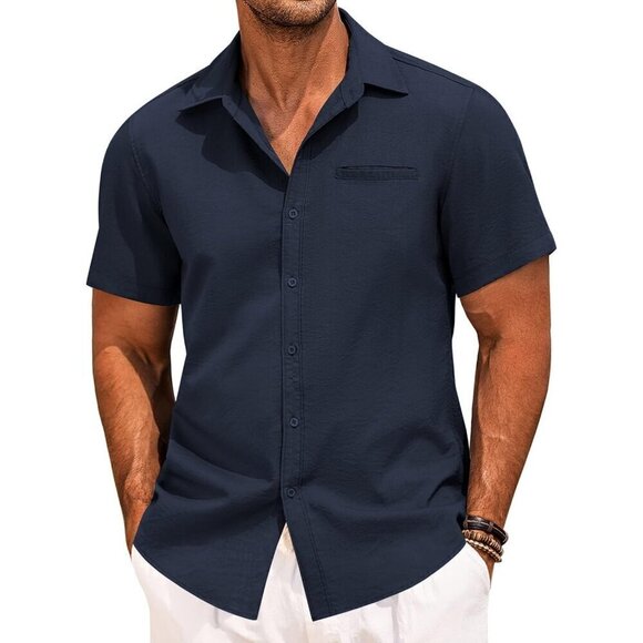 Mens Blue Casual Linen Shirt Short Sleeve Button Down Shirt Beach Hawaiian Shirt - Picture 1 of 6